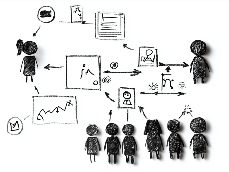 Sketch of a sales bottleneck showing multiple hand-offs and communication gaps, representing how poor coordination slows the B2B buying journey.