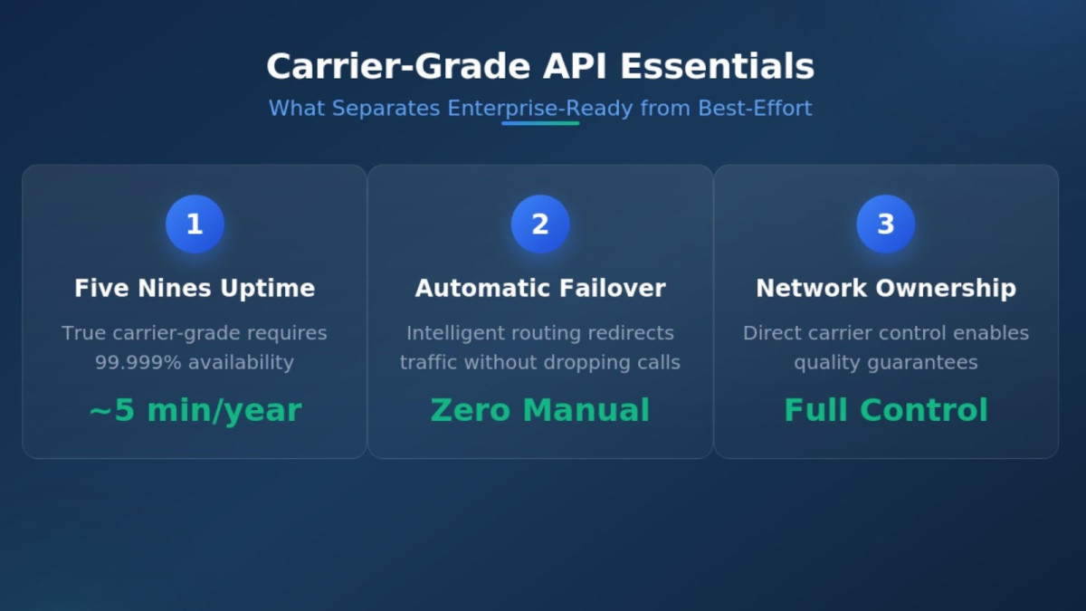 Infographic showing three essential carrier-grade API characteristics: five nines uptime, automatic failover, and network ownership.