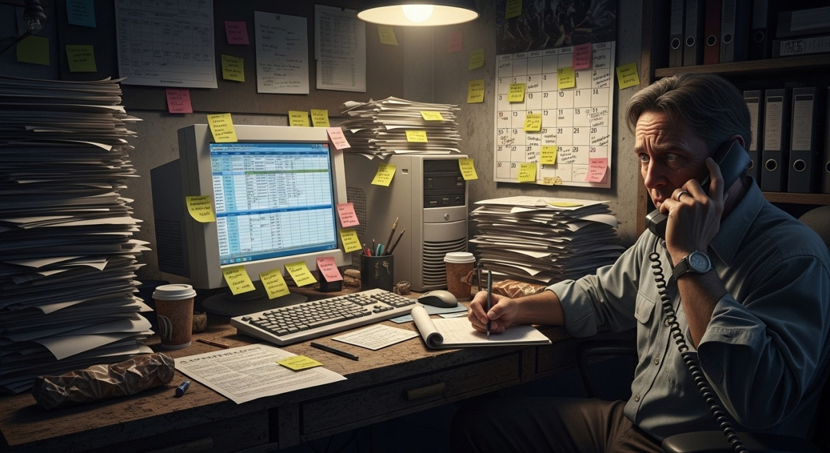 Manual Booking Processes Creating Operational Inefficiencies Cluttered venue office showing manual booking processes with papers, spreadsheets, and overwhelmed manager.