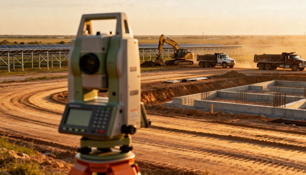 Data center land development site preparation with renewable energy infrastructure under construction