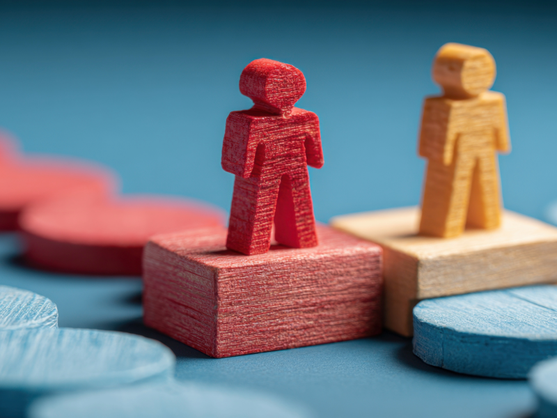 Concept image symbolizing marketing and sales alignment. Red and yellow wooden figures standing on adjacent blocks, representing teamwork and shared goals.