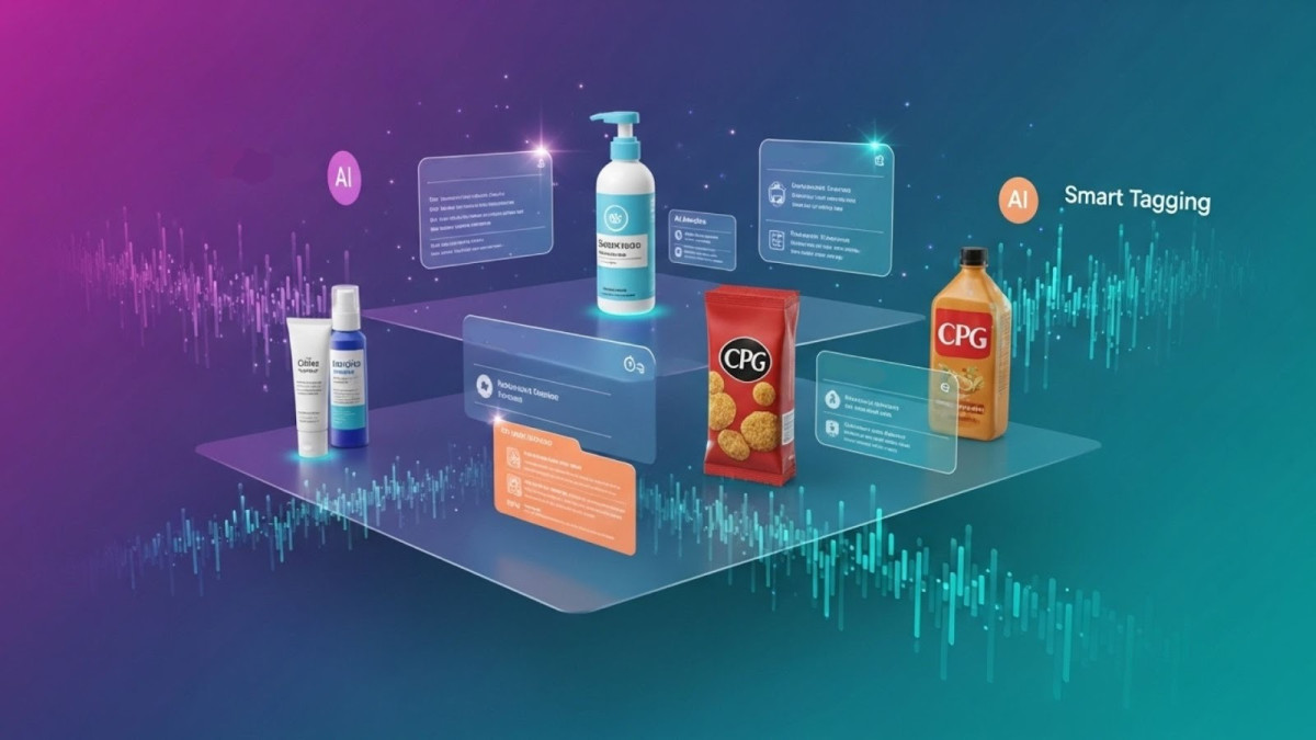 AI technology analyzing consumer packaged goods products with smart tagging and metadata.