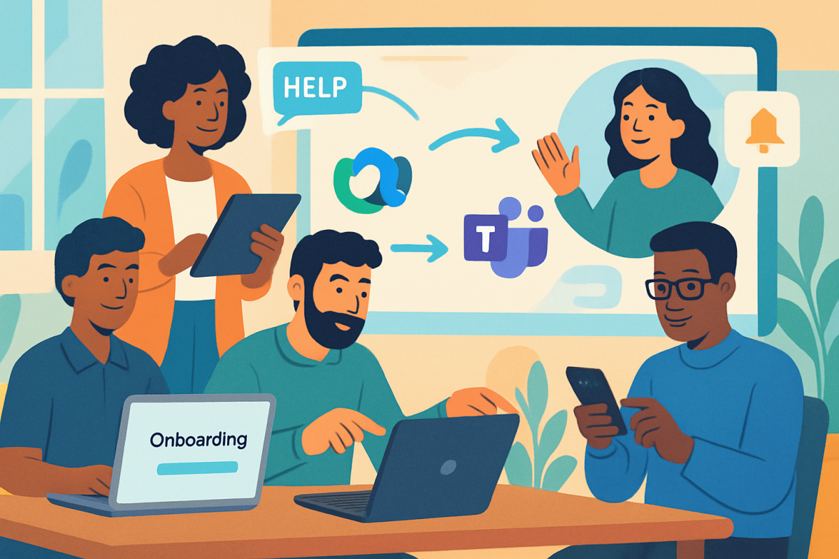 Diverse employees collaborating in hybrid workspace using integrated Webex and Teams platforms with training and support elements