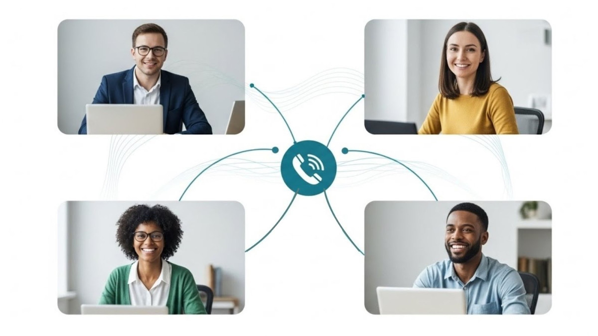 Distributed remote team members connected through unified second phone number system across multiple locations.