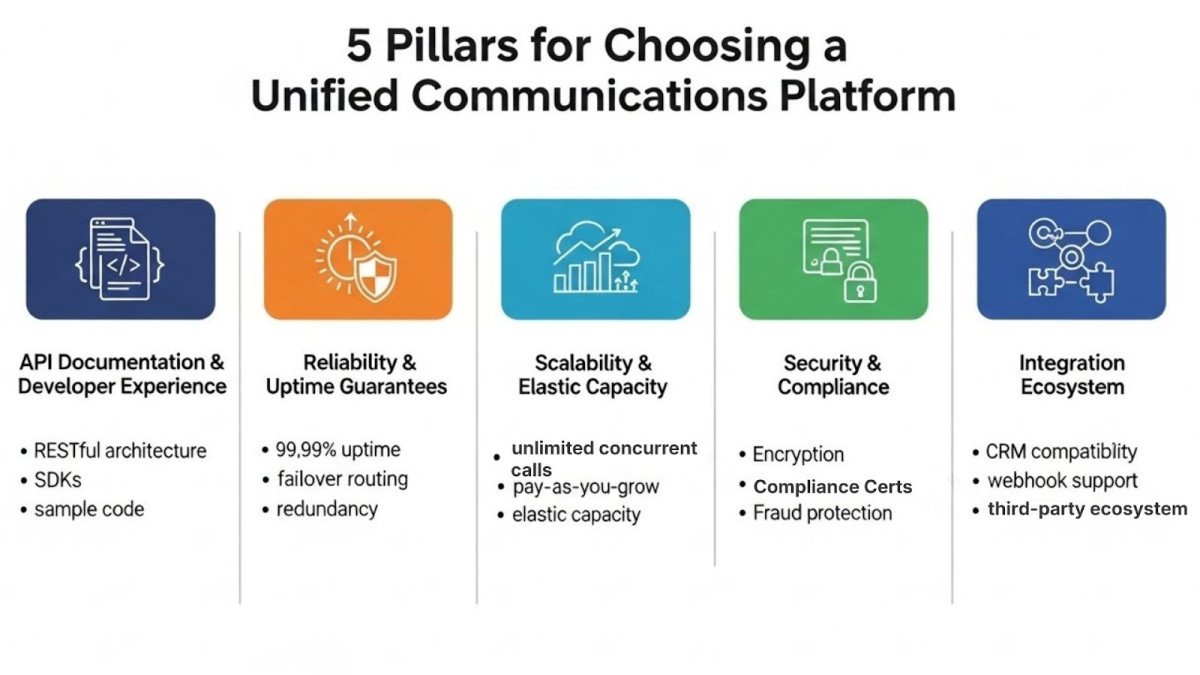 5 Pillars for Unified Communications Platform Infographic showing five critical pillars for evaluating and selecting unified communications platforms, including API documentation, reliability, scalability, security, and integration.