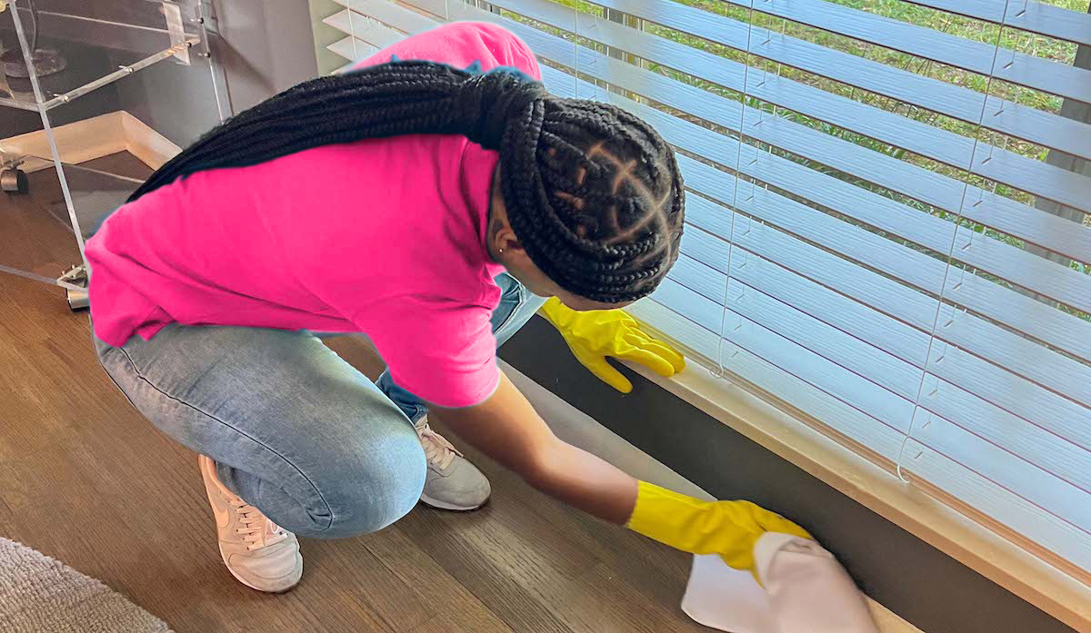 Professional house cleaner polishing a modern Silver Spring kitchen during recurring service.