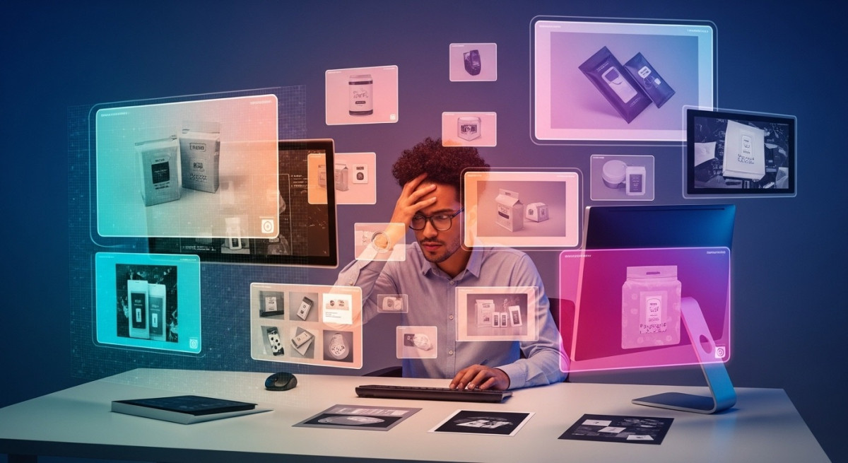 Marketing professional managing multiple product images and marketing materials.