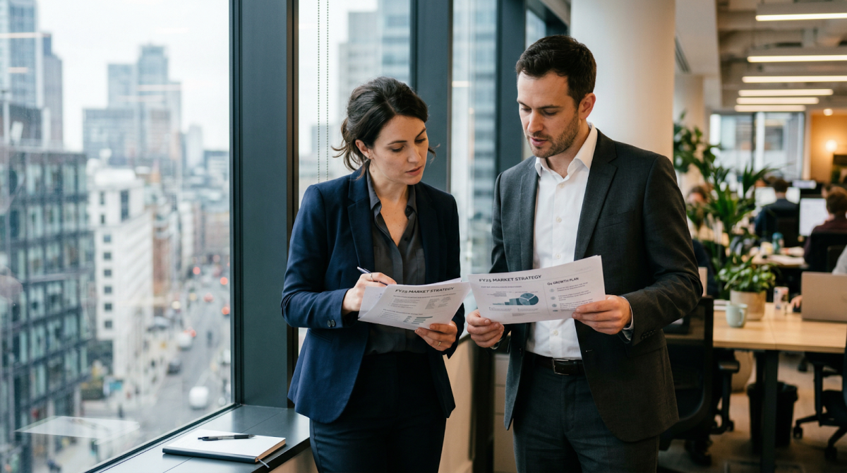 Communications Strategy Review — Narrative Intelligence in Practice Two communications professionals review printed strategy documents side by side at a large office window