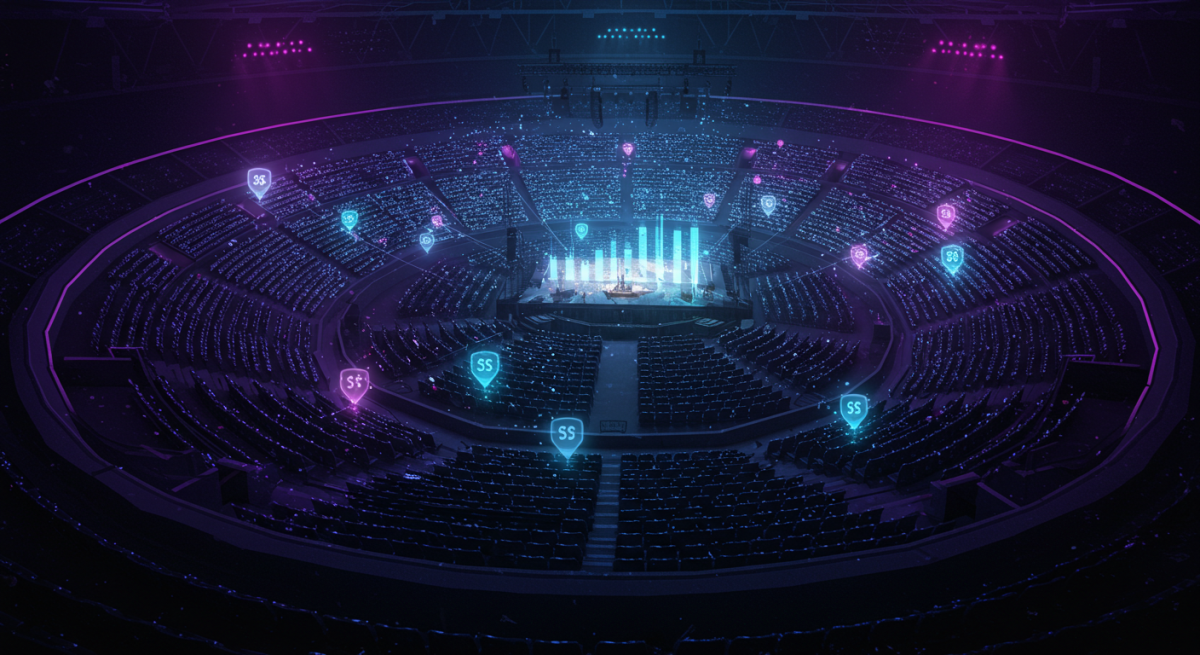 Dynamic pricing algorithms visualized above a concert venue with data streams and price optimization indicators.