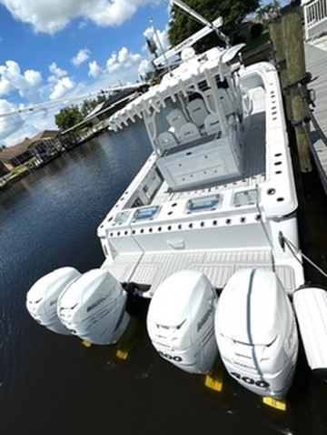 A custom-installed PE foam deck by All Water Customs, showcasing its sleek design and durable, stain-resistant finish in a Miami marina.