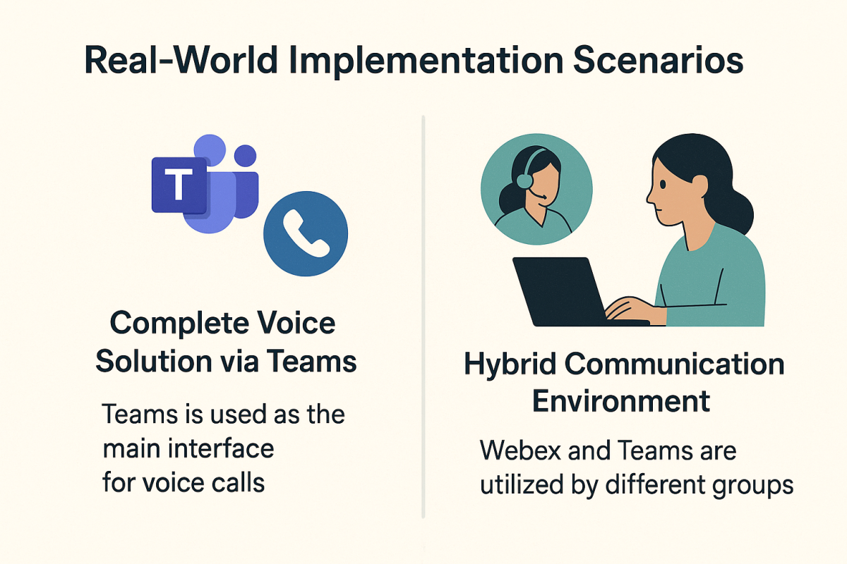 Two-column infographic showing Webex and Teams integration options. The left column illustrates “Complete Voice Solution via Teams” with Microsoft Teams and a phone icon, representing Teams as the main interface. The right column illustrates a “Hybrid Communication Environment” with users operating on both Webex and Teams, shown via laptop and headset icons.