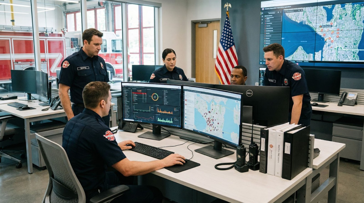 Fire department personnel reviewing data analytics dashboards in station command office